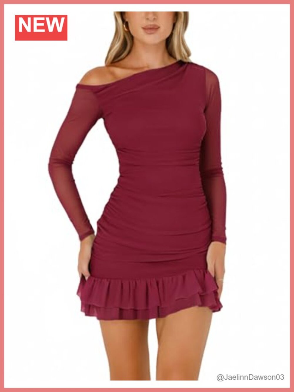 Women's Off Shoulder Long Sleeve Bodycon Ruched Mini Dress Mesh Ruffle Hem